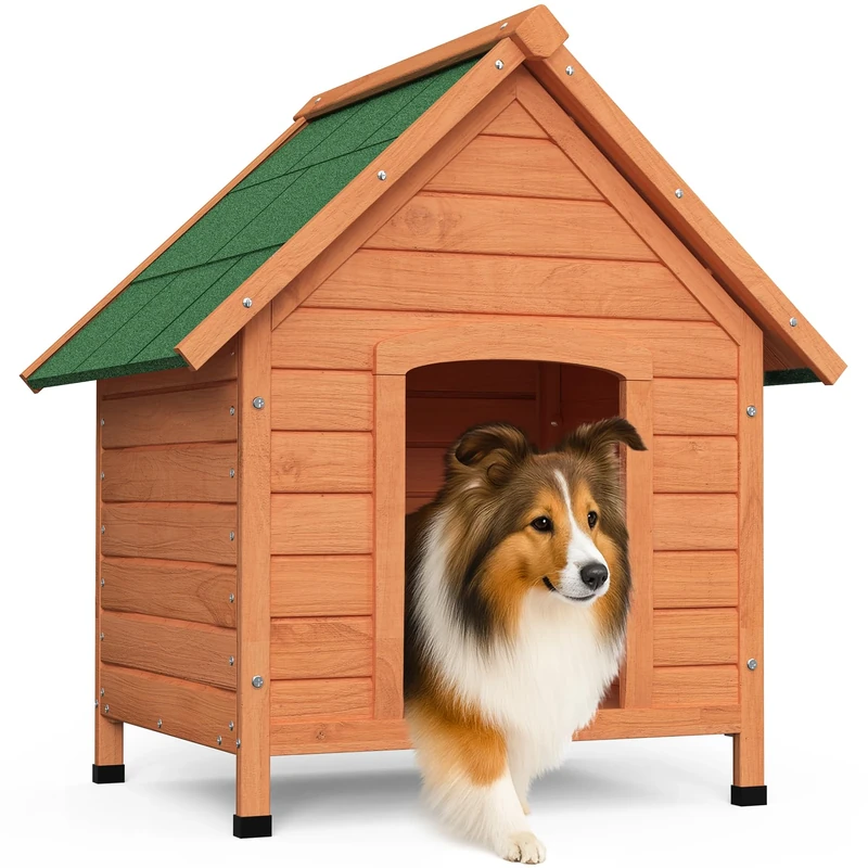 VOUNOT® Wooden Dog House with Waterproof Roof, Outdoor Pet Kennel for Small to Medium Dogs, Durable Pet Shelte, 72x65x83cm, Natural Wood