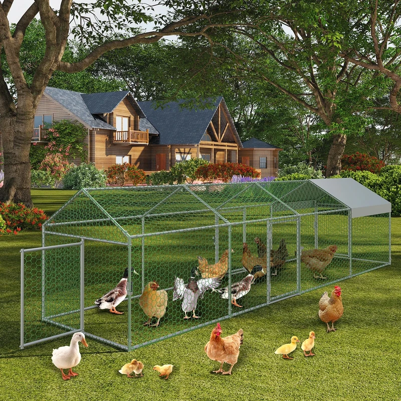 Large Chicken Coop with 4 Doors, Outdoor Enclosure 4 x 1 x 1 m, Walk-In Chicken Coop Galvanised with Roof Cover, Chicken Enclosure Stable Poultry Hutch Outdoor Enclosure for Chickens, Small Animals