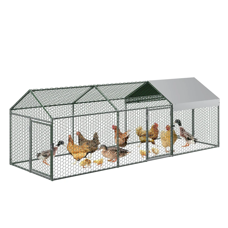 Large Chicken Coop with 3 Doors, Outdoor Enclosure 3 x 1 x 1 m, Walk-In Chicken Coop Galvanised with Roof Cover, Chicken Enclosure Stable Poultry Hutch Outdoor Enclosure for Chickens, Small Animals