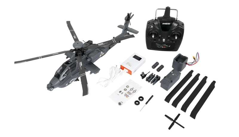 Apache AH-64D CP Helicopter 6G/3D RTF Grey with Remote Control, Battery, Charging Cable, Accessories - Image 1