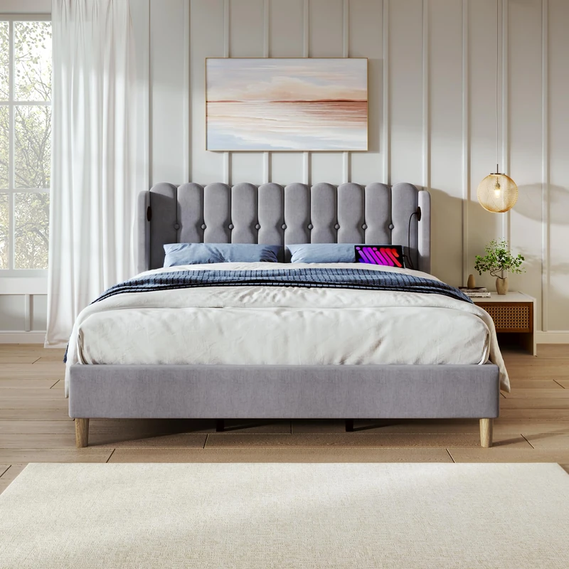 Ball & Cast 4ft 135x 190 cm Double Bed Frame Upholstered with USB and Type-C Charging, Bed Frame with Wooden Slatted Frame, Teenager Bed for Bedroom & Guest Room,Velvet,Grey, No Mattress