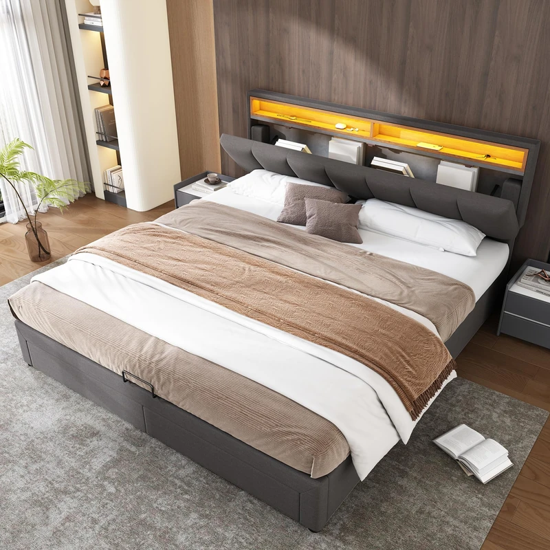 Ball & Cast King Size Bed Frames with 5ft Upholstered Wooden Two-shelf Storage Headboard, LED Lights, 150x200 cm Heavy Duty Metal Bed Frame, No Box Spring Needed, Noise Free,Linen,Grey - Image 1
