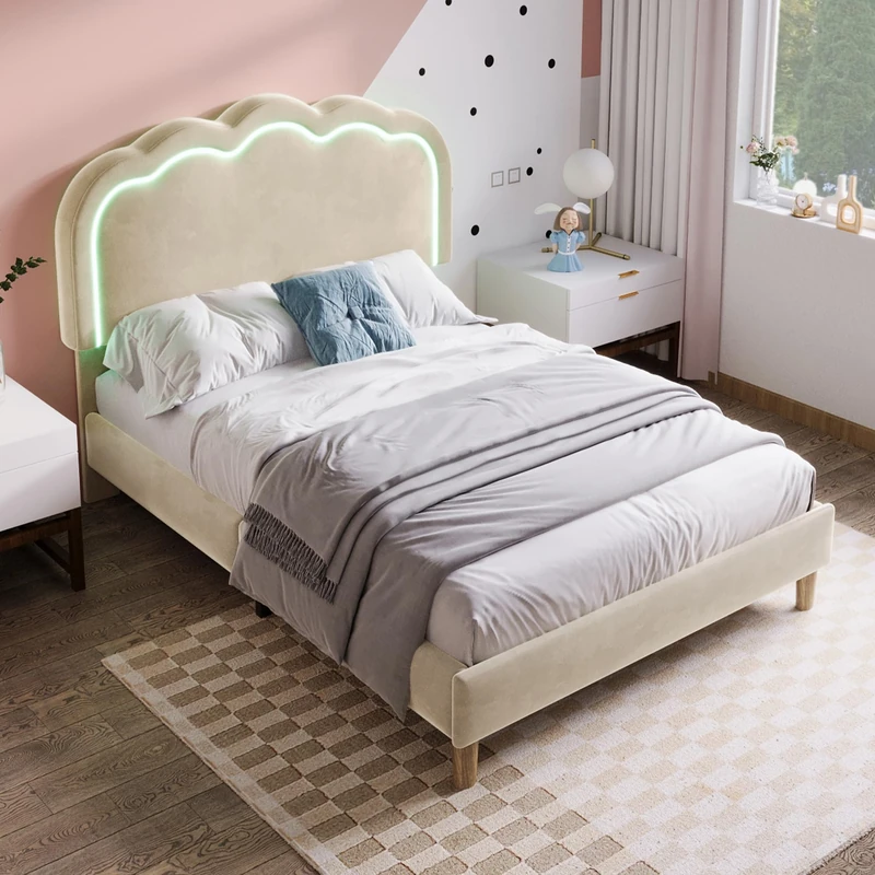 Ball & Cast Single bed frame, 3ft Single Upholstered Bed, Adjustable Height Puff Shaped LED Headboard, Sturdy Wooden Slat Support, Linen Fabric (No Mattress),Beige/90CM*190CM