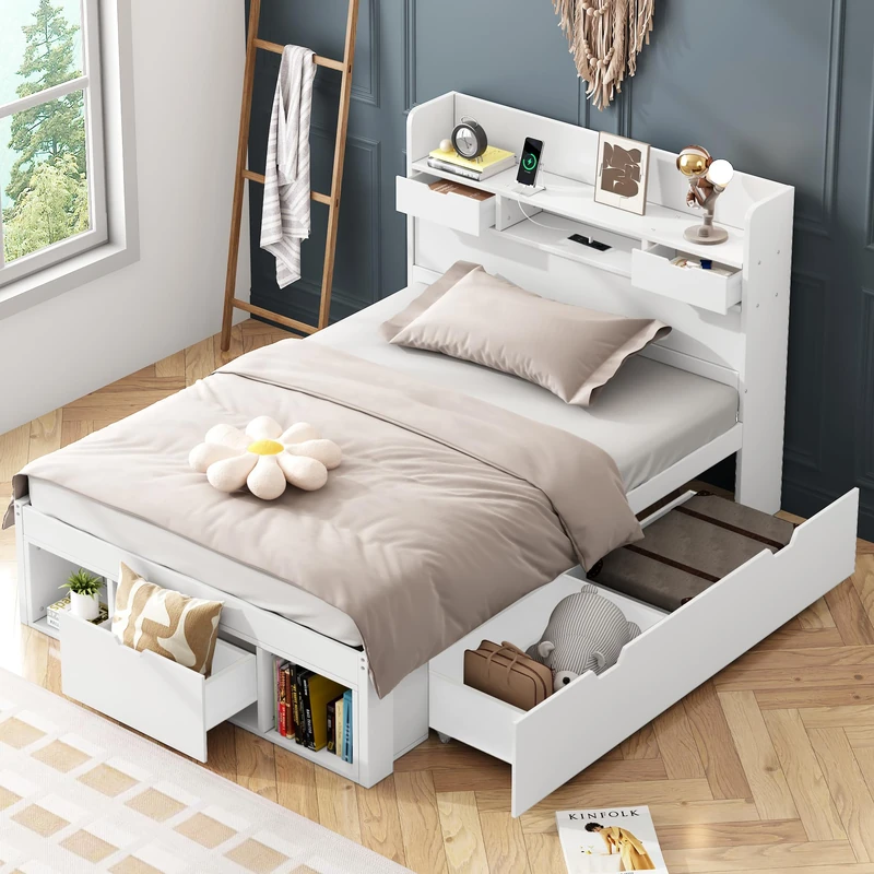Ball & Cast Single Bed Frame 90x 190 cm, 3ft6 Storage Bed with USB-Port & Drawers & Storage Cabinet, Multifunctional Bed, Large Storage Space, Mattress Not Included, White