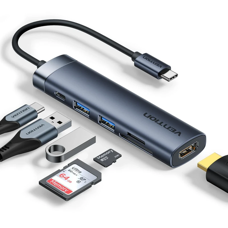 VENTION Aluminum PD100W Powered USB C Hub, 6 in 1 Multi-Port Docking Station, 4K HDMI, USB A 3.0/USB-C Data Transfer Adapter, SD/TF Card Reader, for Laptop/Macbook Pro/HP Dell/iPad Pro