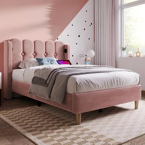 Ball & Cast 3ft 90x 190 cm Single Bed Frame Upholstered with USB and Type-C Charging, Bed Frame with Wooden Slatted Frame, Teenager Bed for Bedroom & Guest Room,Velvet,Pink, No Mattress