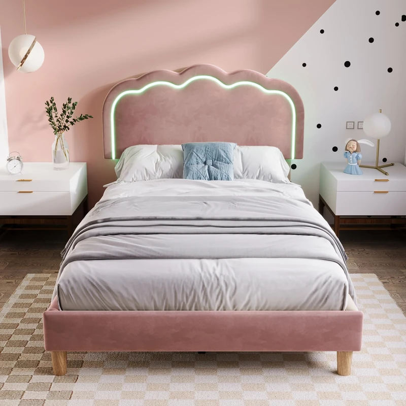 Ball & Cast Single Bed with LED,3ft 90x190cm Bed Frame with Wooden Slats and Adjustable Height Headboard, Teen Bed for Bedroom and Guest Room, Pink, Velvet, Without Mattress.