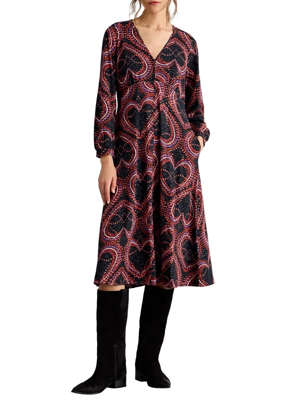 White Stuff Megan Sparkling Jersey Dress - Long Sleeves, V-Neck, Classic Pull-On Midi Dress Made of Cotton/Elastane Jersey - Black Print - Size 18R