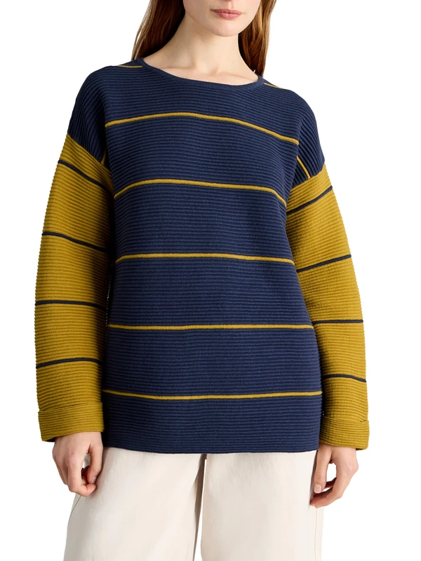White Stuff Jana Striped Jumper - Long Sleeve, Crew Neck, Regular Fit Made of Cotton Knit - Navy Blue Multi - Size 10