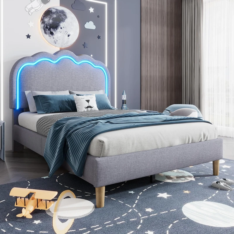 Ball & Cast Single Bed with LED,3ft 90x190cm Bed Frame with Wooden Slats and Adjustable Height Headboard, Teen Bed for Bedroom and Guest Room, Grey, Linen, Without Mattress.