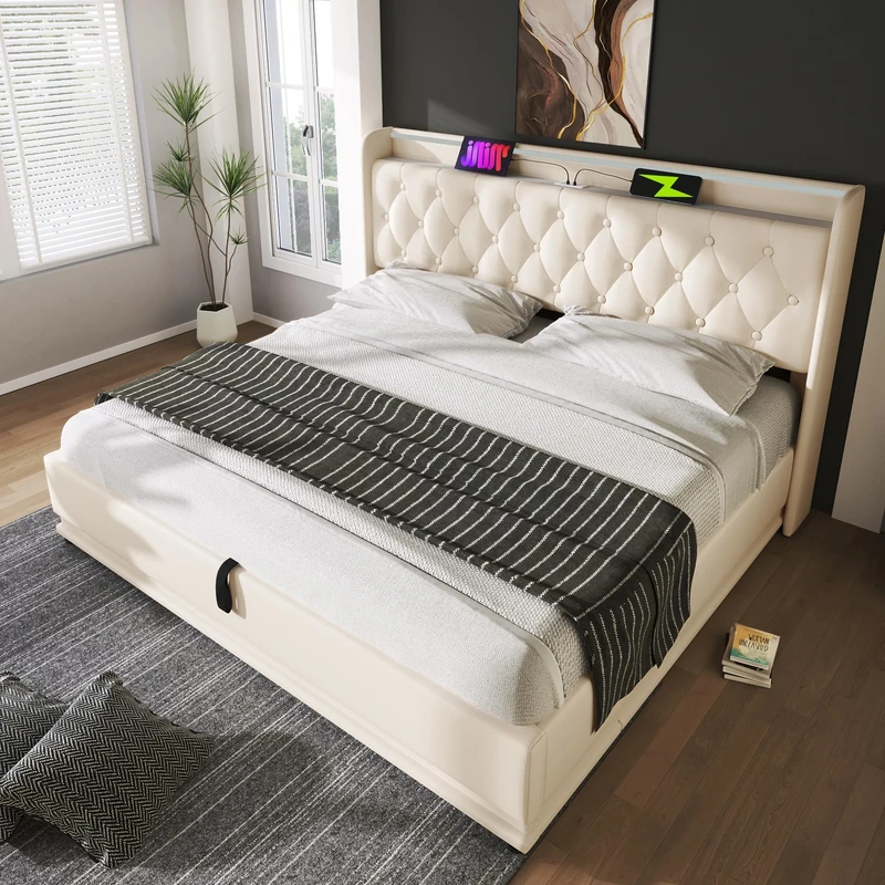 Ball & Cast King size Ottoman Bed with 360 Surround Led Function,Hydraulic Storage Bed Frame with Large Storage Space, 5ft King size Bed Frame with Charging Function,150x200,PU, White