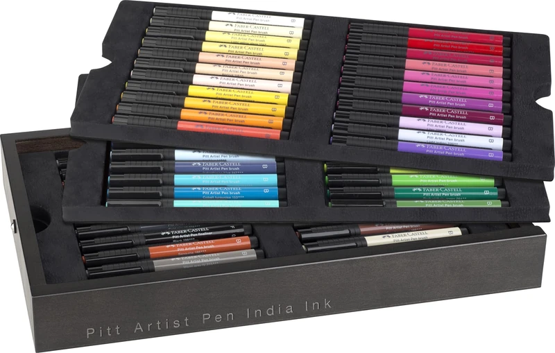 Faber-Castell Pitt Artist Pen Wooden Box of 66 Pens, Limited Edition, Solid Birch Case, Durable Storage, Art, Drawing, Colouring, Artist Supplies, Gift, 100% PEFC Certified, Permanent Indian Ink