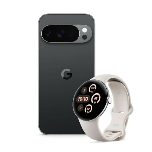 Google Pixel 10 Pro - Unlocked Android Smartphone with Gemini, Triple Rear Camera System, 24+ Hour Battery and 6.3" Super Actua Display - Obsidian, 256GB + Watch 3 (Porcelain)