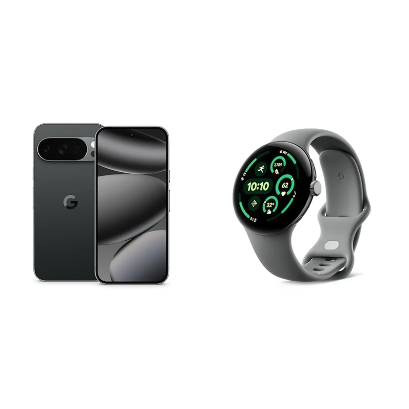 Google Pixel 10 Pro - Unlocked Android Smartphone with Gemini, Triple Rear Camera System, 24+ Hour Battery and 6.3" Super Actua Display - Obsidian, 128GB + Watch 3 (Hazel)