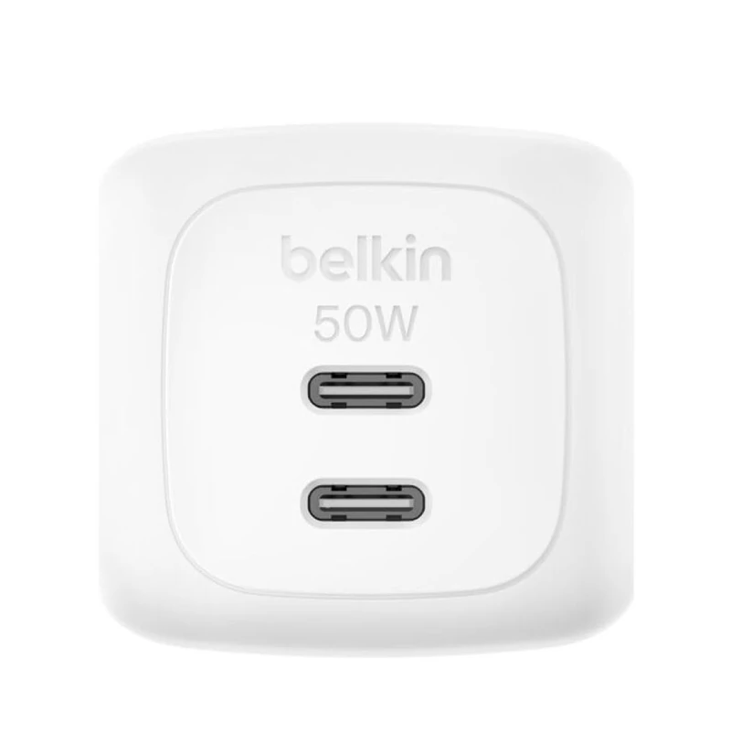 Belkin SmartProtect 2-Port USB C Charger 50W, GaN USB Charger with 2 USB-C Ports, USB-C Cable (1m), Fast Charger for MacBook, iPhone 17, iPad Pro, Chromebook, Galaxy S25 Ultra and Pixel 10 - White