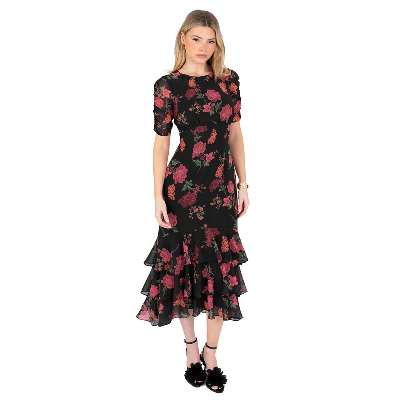 Anaya with Love Women's Midaxi Dress Ladies Recycled Floral Print Ruched Short Sleeve Round Neck Empire Line Tiered Ruffle Keyhole Back, Black 6