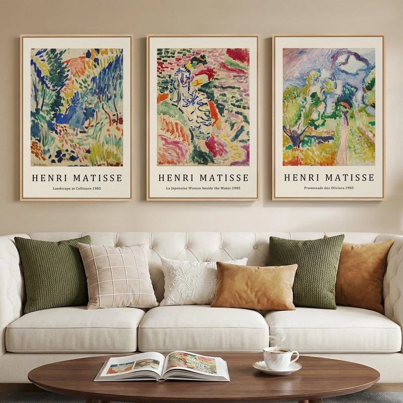Large Framed Matisse Wall Art for Living room, Set of 3 Colorful Abstract Landscape Canvas Artwork for Walls, Retro Vintage Matisse Famous Paintings Prints Pictures for Bedroom, Hallway Home Office
