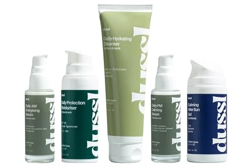 dussl Daily Skincare Routine Set COMPLETE - with Cleanser, AM Serum, SPF50 Moisturiser, PM Serum, After Sun Gel & Premium Washbag - Vegan, Gender-Neutral, Face & Neck