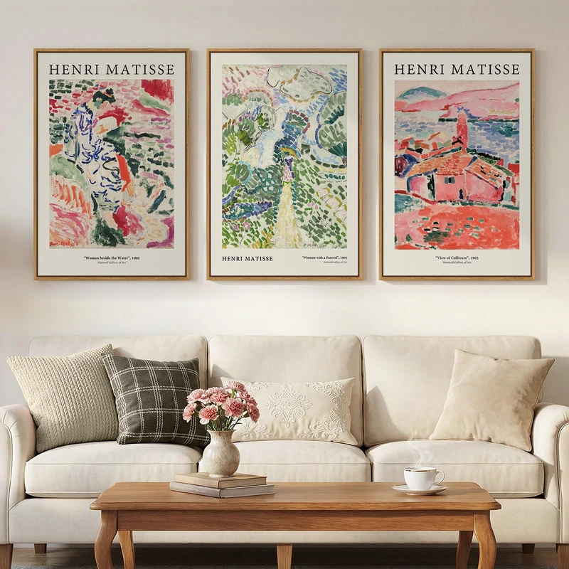 Framed Abstract Matisse Wall Art Set of 3, Vintage Colorful Landscape Canvas Prints Artwork for Walls, Classical Matisse Paintings Pictures for Living Room, Bedroom, Hallway and Office, Total Size
