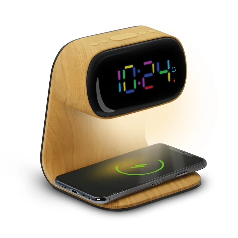 mooov Alarm Clock Display Multi-Colour Reading Light with Induction Charger 15 W – Mains Powered – Wood Effect