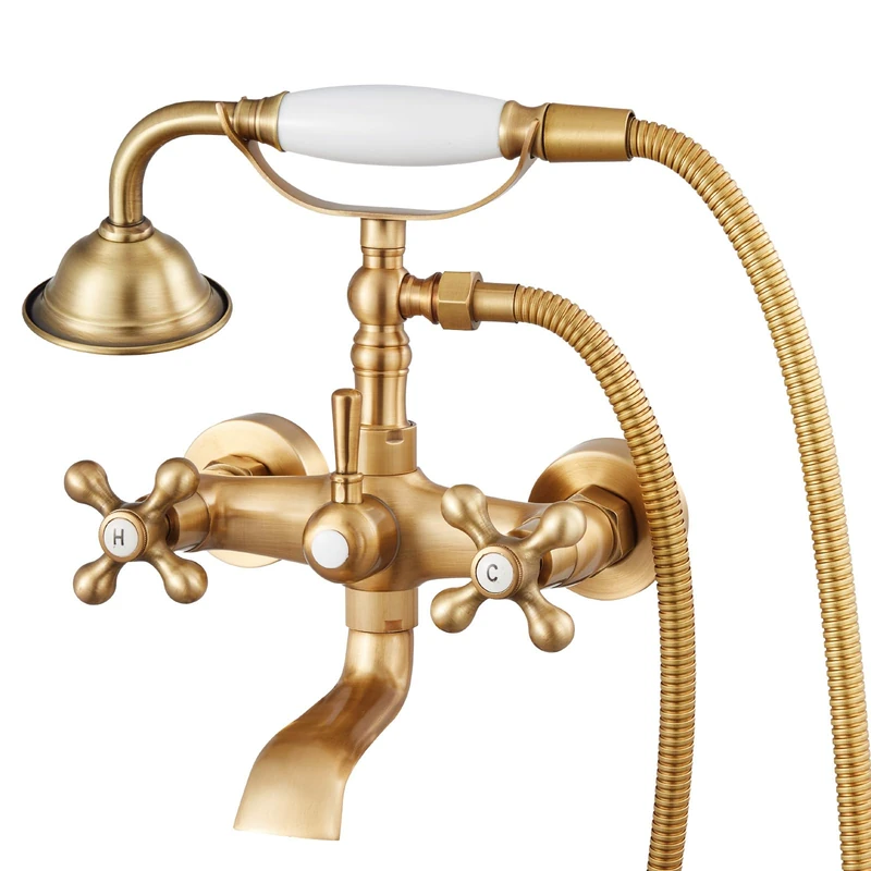 VEVOR Clawfoot Tub Faucet, Wall Mount Bathtub Faucets with Handheld Shower, Vintage Brushed Gold Clawfoot Tub Filler Faucet Shower Kit with Adjustable Swing Arms & 360° Rotation Spout for Bathtubs