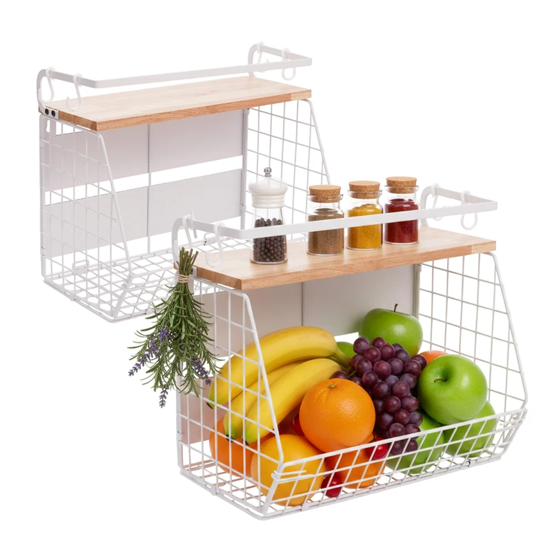 Relaxdays Wood Fruit Basket Wall Shelf 2-Pack, Magnetic Kitchen Organiser, Metal Wire Basket, 30x35.5x21cm White/Natural