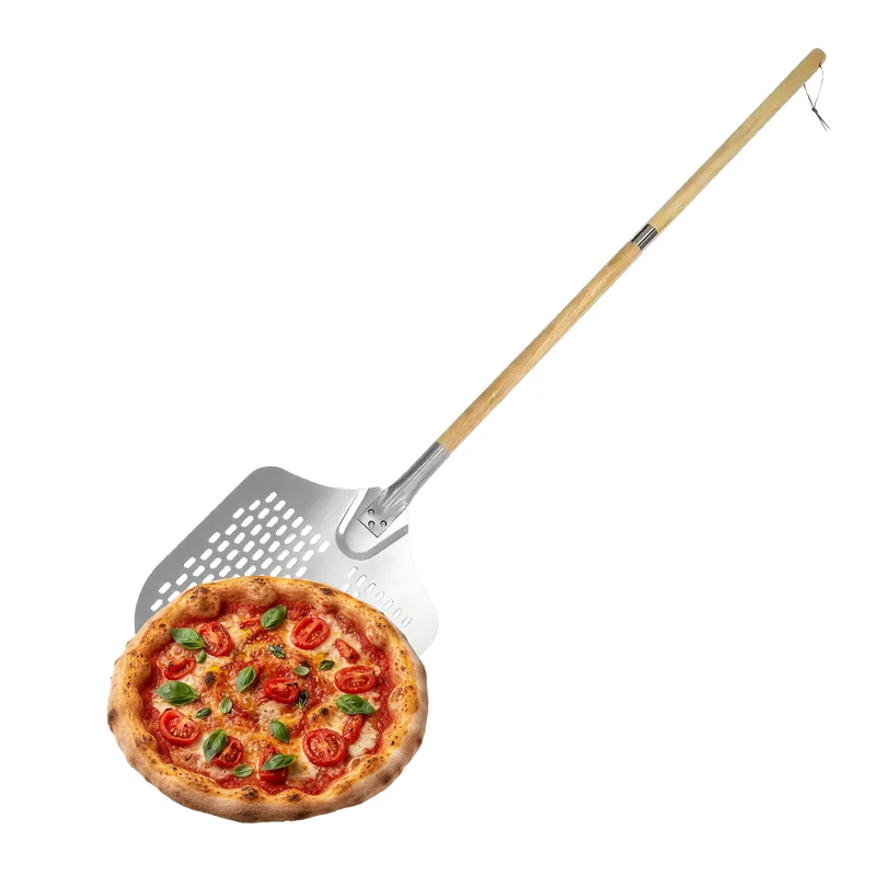 Relaxdays perforated pizza peel, detachable wooden handle, 132 cm long, aluminium & stainless steel, silver