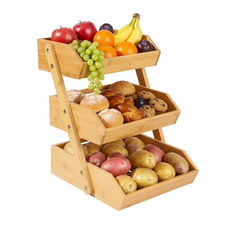 Relaxdays Bamboo Fruit Stand, 3 tiers, HWD 41x33x30 cm, fruit basket for vegetables & pastries, kitchen bowl, natural