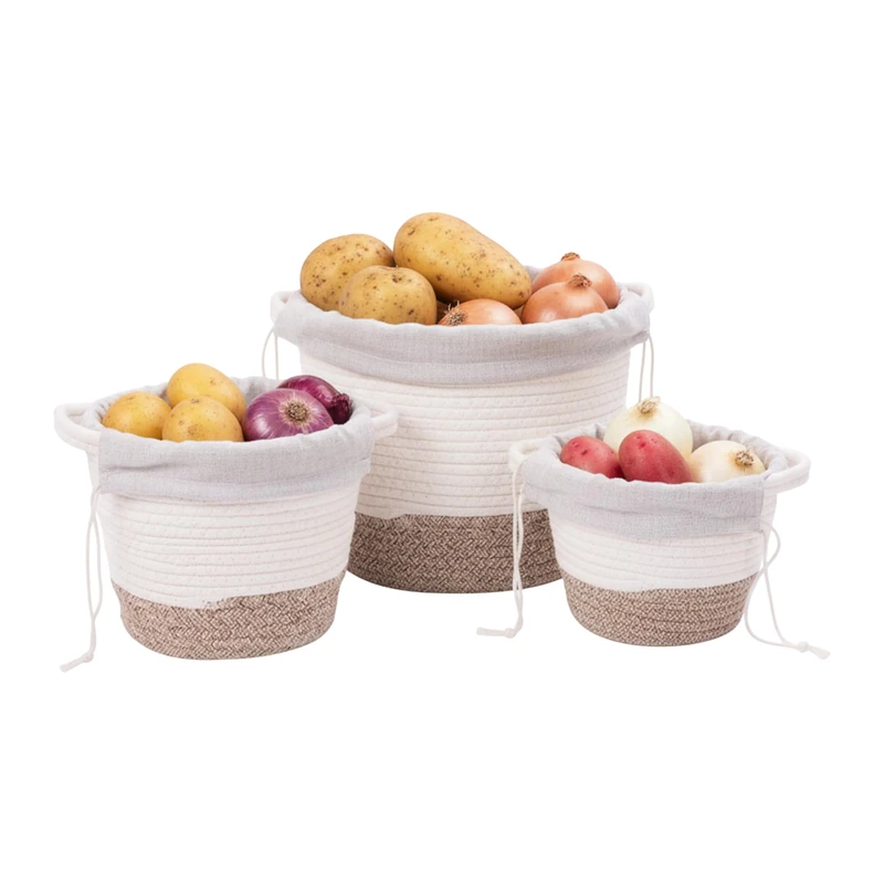 Relaxdays Potato Storage, 3-Pack, Potato Bags with Handles, Cotton & Polyester, Different Sizes, White/Beige