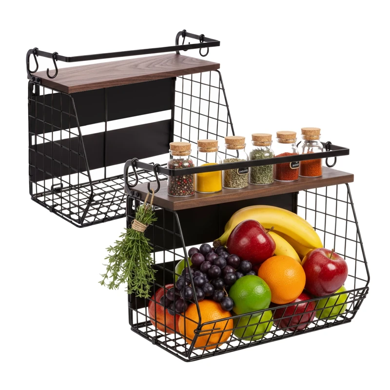 Relaxdays Fruit Basket Wall Shelf Set of 2, Magnetic Kitchen Organiser, HWD: 30x35.5x21 cm, Metal Baskets, Black/Brown