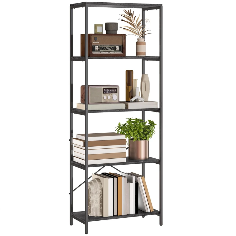 HOMCOM 5-Tier Bookshelf, Industrial Bookcase, Floor Standing Book Shelf with Metal Frame, Wide Storage Rack for Living Room, Home Office and Bedroom, 79 x 35 x 161 cm, Dark Grey and Black