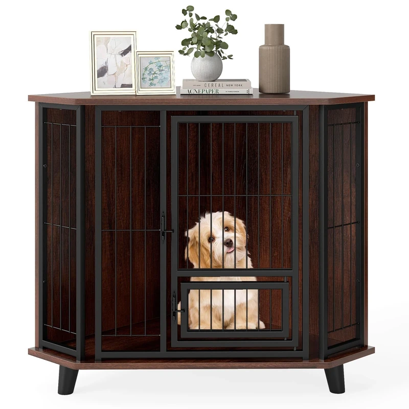 FANTASK Wooden Dog Box with Lockable Door, Corner Dog Kennel with Sturdy Metal Grilles and 3 Legs, Space-Saving for Small and Medium Dogs, Indoor, 60 x 60 x 71.5 cm, Brown