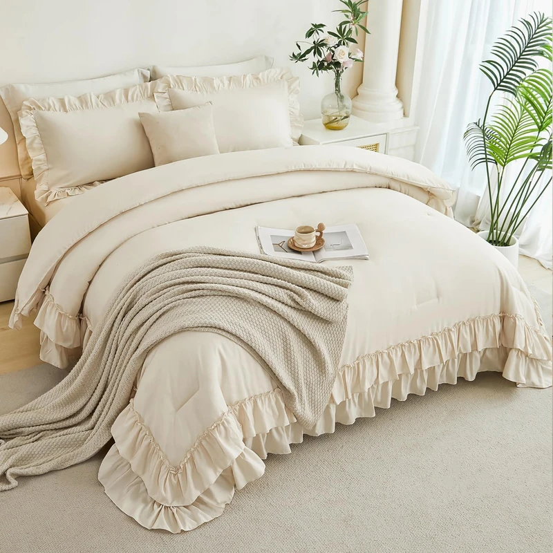 ANGIYUIN Beige Ruffle Bedding Comforter Set King Size 5 Pieces Solid Farmhouse Bed in A Bag Soft Fluffy Comforter Set with Sheet Sets for Women(Beige King)