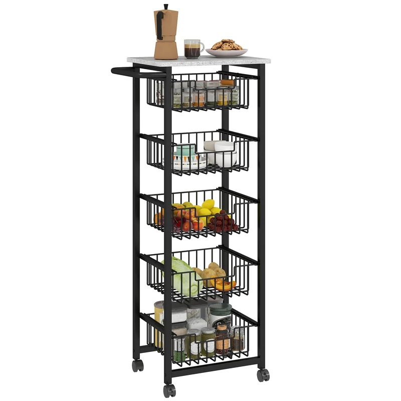HOMCOM 5-Tier Kitchen Island on Wheels, Rolling Kitchen Storage Trolley with 5 Pull-Out Mesh Baskets, Mobile Utility Serving Cart, Light Grey - Image 1
