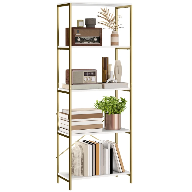 HOMCOM 5-Tier Bookshelf, Modern Bookcase, Floor Standing Book Shelf with Metal Frame, Wide Storage Rack for Living Room, Home Office and Bedroom, 79 x 35 x 161 cm, White and Gold Tone