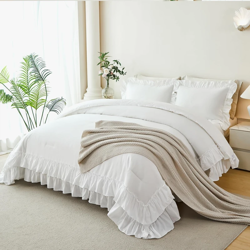 ANGIYUIN 5 Pieces White Comforter Set Queen Size Ruffled Fluffy Bedding Sets for Women Lightweight Farmhouse Bed in A Bag with Sheets(White Queen)