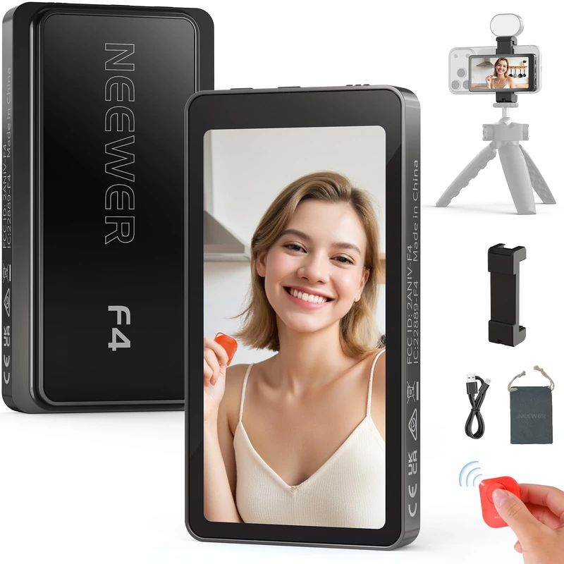 NEEWER 4" Phone Vlog Selfie Monitor Screen Compatible with iPhone, 500nit 1080x540p Wireless Back Camera Monitor with Remote/Speaker/1800mAh for YouTube TikTok, NOT Compatible with Google Phone, F4 - Image 1