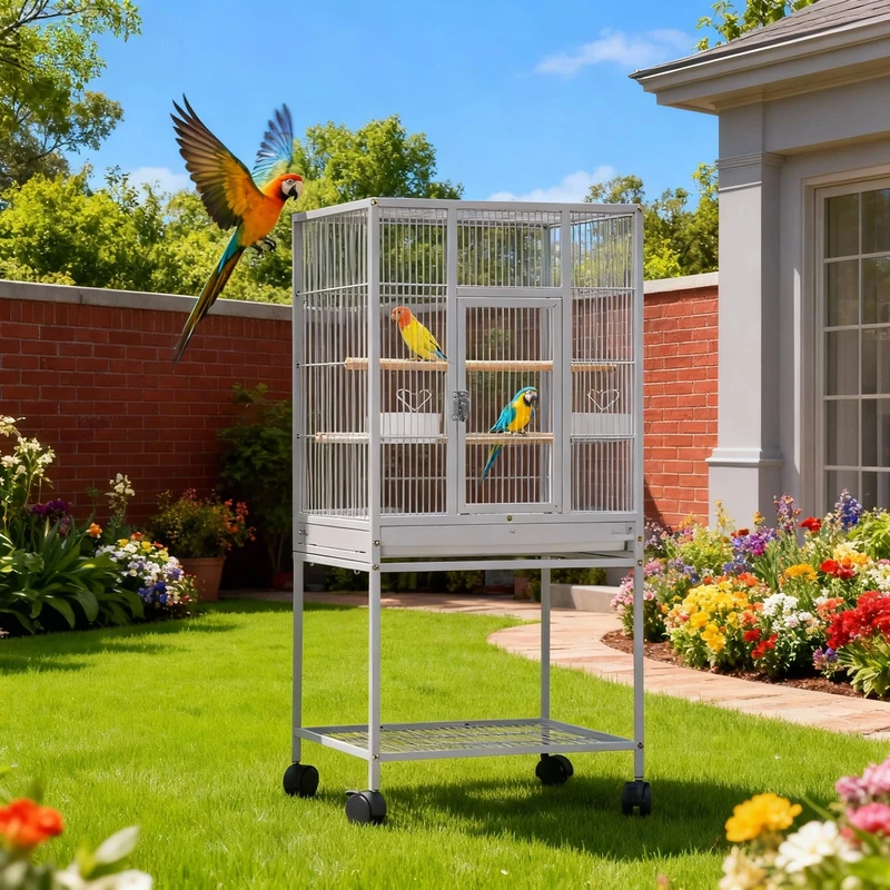 Large Bird Cage 48.5 x 46 x 103 cm, Bird Aviary with 360° Wheels, Perches, Feeding Bowl and Dirt Tray Insert, Easy to Clean Tall Parrot Cage Breeding Cage