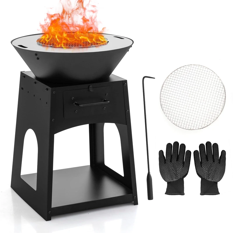 FANTASK Fire Bowl with Grill Grate, Fire Pit with Ash Pan & Storage Compartment, Fire Pit Set Including Poker, Gloves for Garden, Patio, Camping