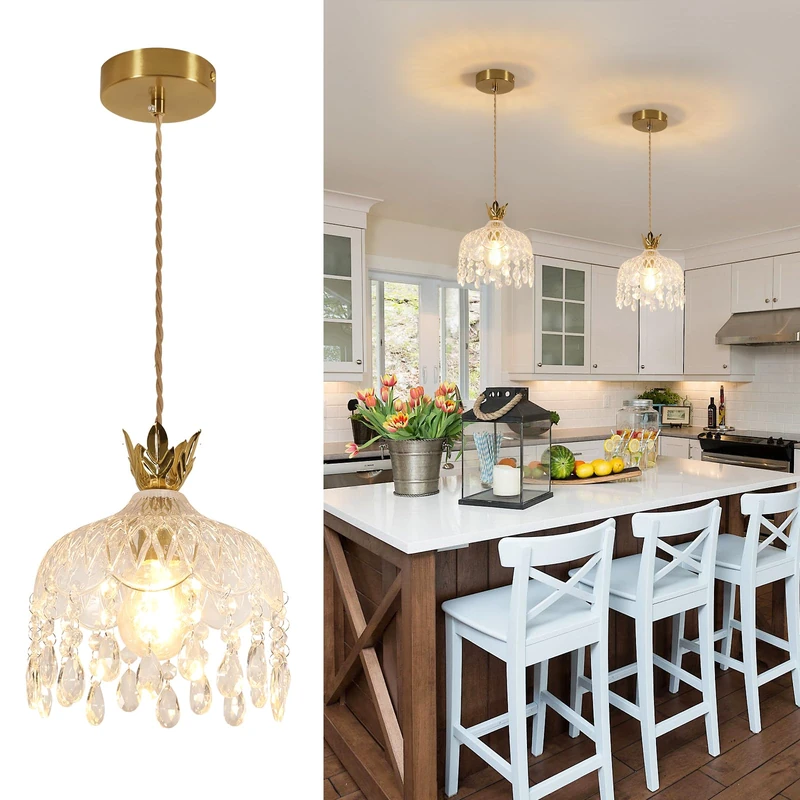 Comely Modern Hanging Light, Floral Creative Pendant Light with Crystal Shades, E27 Ceiling Light for Bedroom, Dining Room, Kitchen, Hallway (Diameter 20 cm, Gold)