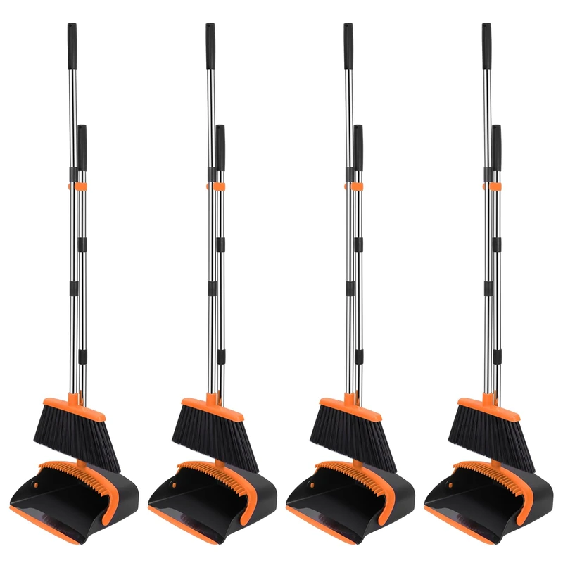 NACENA Broom and Dustpan Set, 52-in Long Adjustable Handle Broom Dustpan Combo with Dustpan Teeth to Automatically Clean Hair Suitable for Home Kitchen Office Hall Floor (Black&Orange), 4 Pack