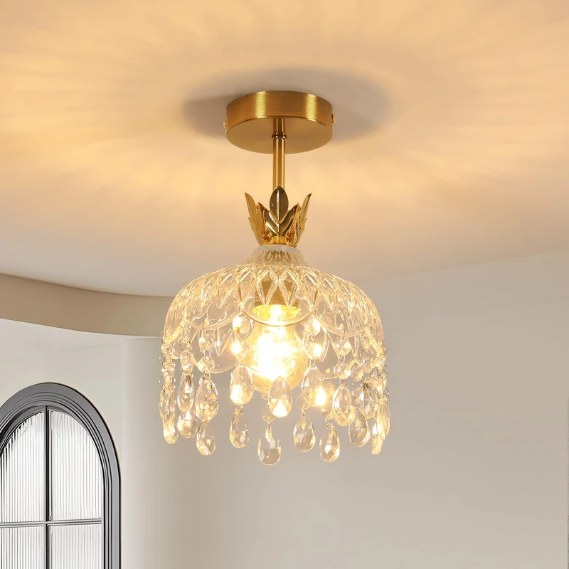 Comely Gold Crystal Ceiling Light, Modern Corridor Chandelier, E27, Crystal Ceiling Light for Entrance, Bedroom, Dining Room