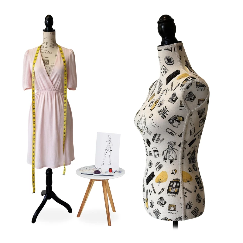 Relaxdays female dress form, size 36/38, height adjustable 165–175 cm, wooden stand, London motif, cream/black