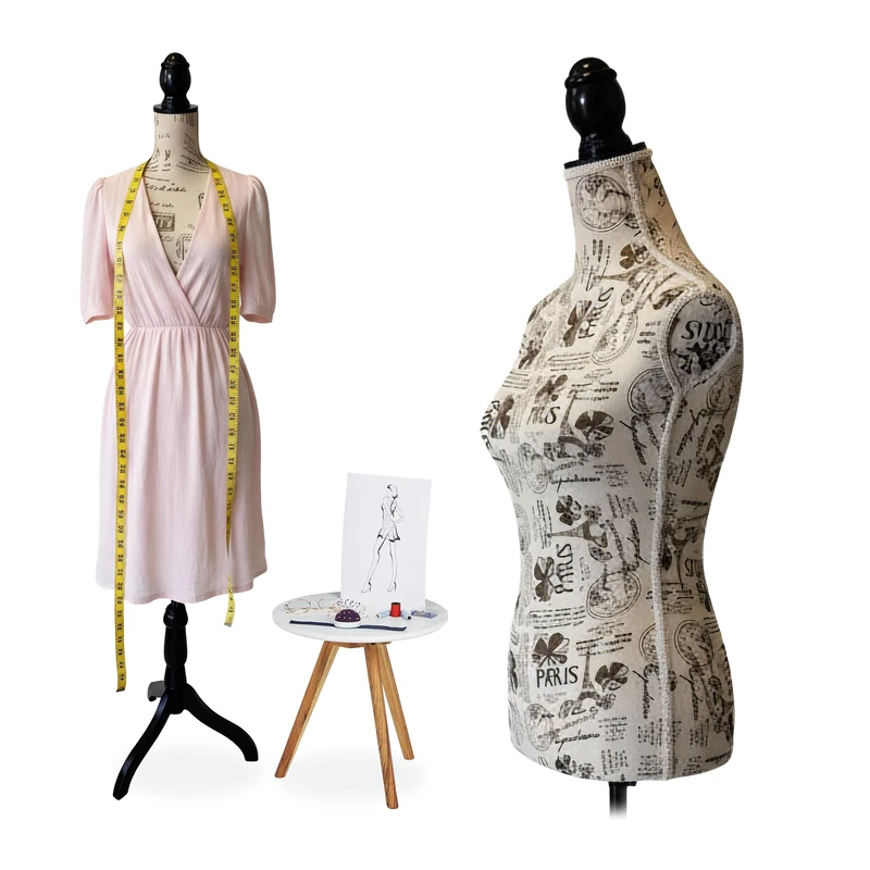 Relaxdays dress form, female, size 36/38, height adjustable 165–175 cm, wooden stand, city design, cream/black