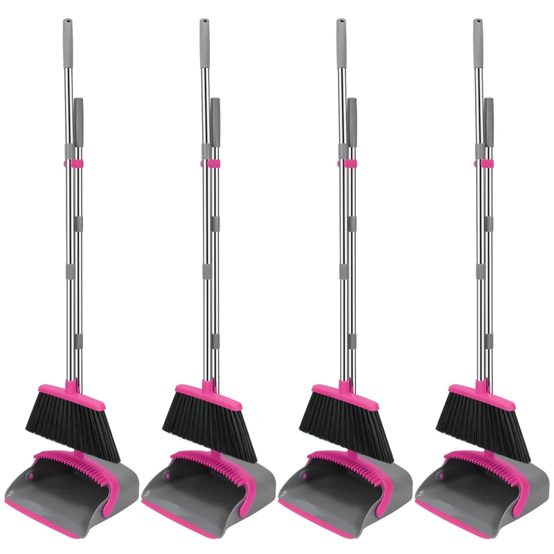 NACENA Broom and Dustpan Set, 52-in Long Adjustable Handle Broom Dustpan Combo with Dustpan Teeth to Automatically Clean Hair Suitable for Home Kitchen Office Hall Floor (Grey&Rose), 4 Pack