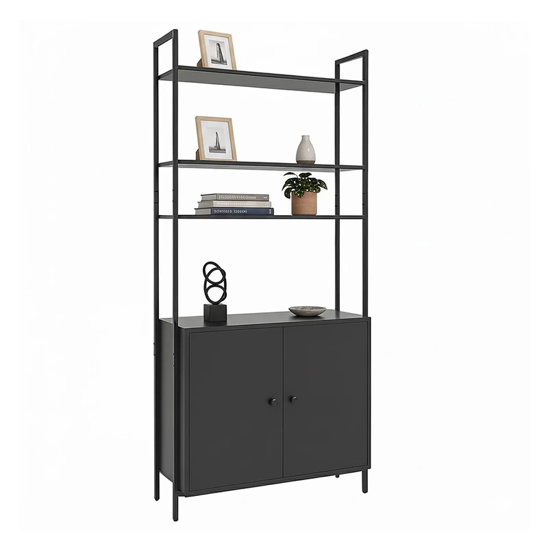 Relaxdays bookshelf, HxWxD: 159.5 x 60 x 24 cm, 6 shelves, unit with storage cabinet, MDF & metal, floor shelf, black - Image 1