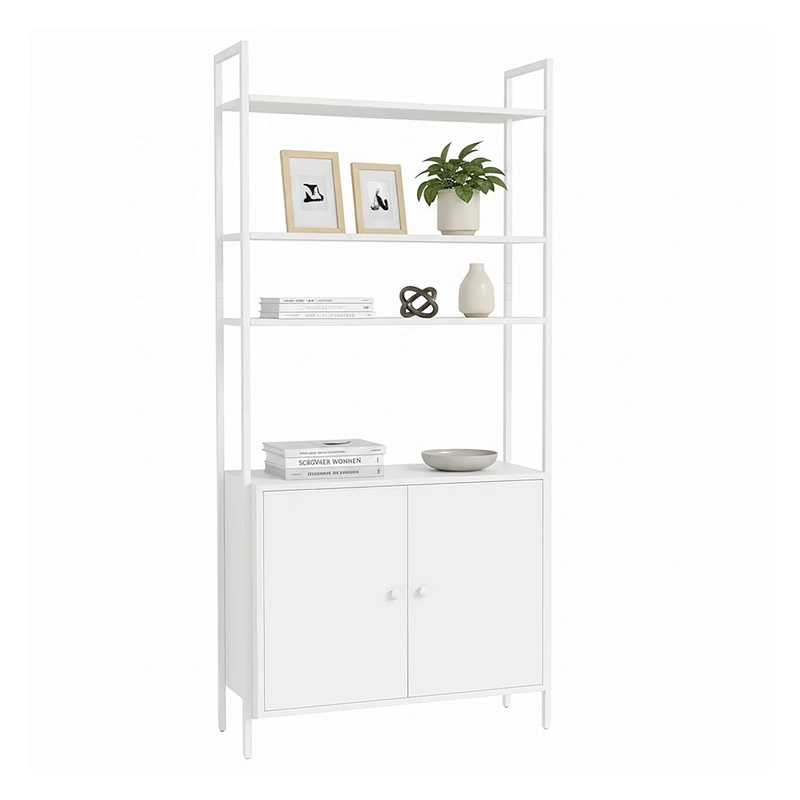 Relaxdays bookshelf, HxWxD: 159.5 x 60 x 24 cm, 6 shelves, shelf with cabinet, MDF & metal, freestanding, white