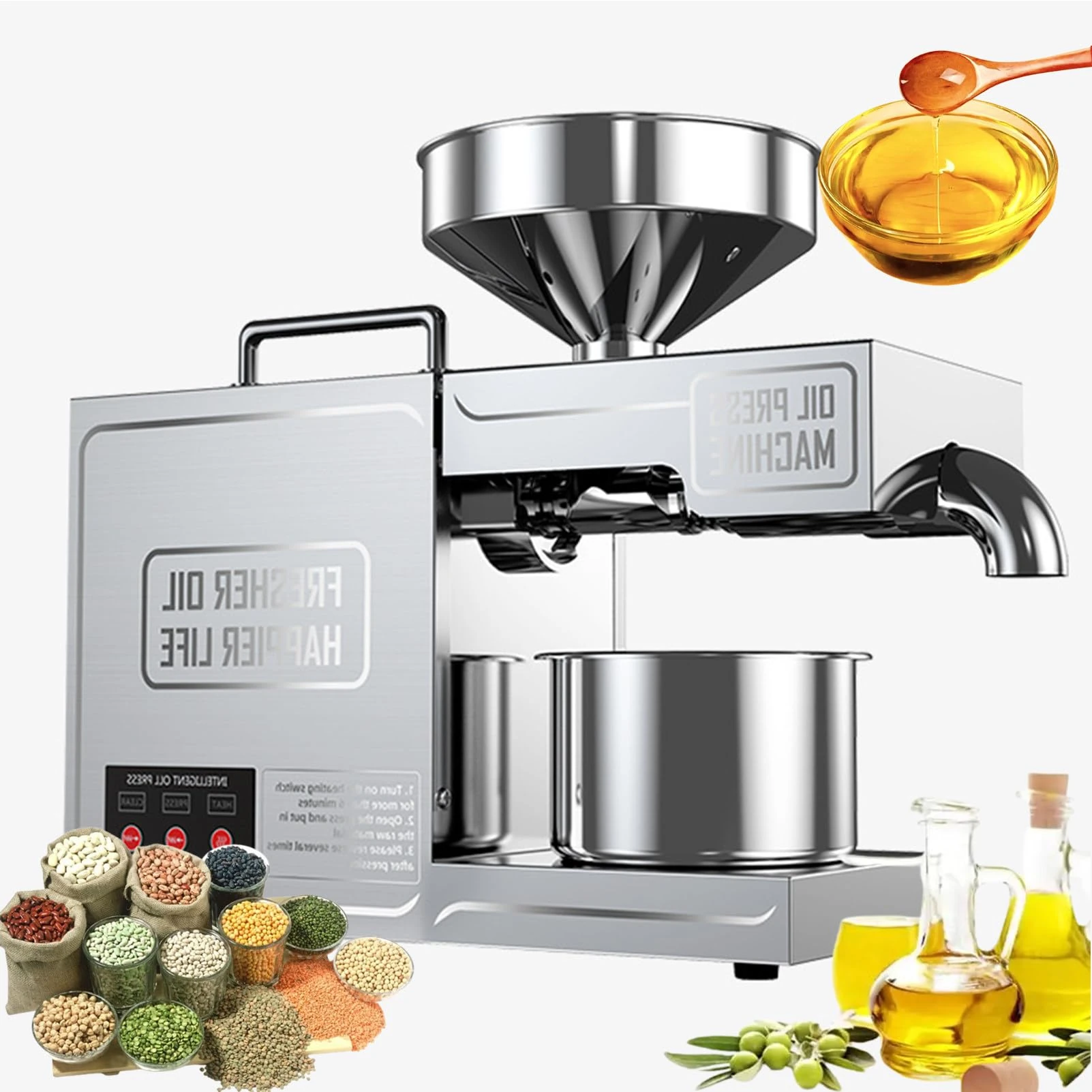 SgyGlyn Automatic Oil Press Machine, Stainless Steel Cold Hot Press, All Stainless Steel High Oil Extractor, for Commercial Home Kitchen