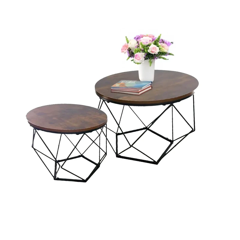 Relaxdays nest tables, set of 2, wood effect & metal, industrial design, round side tables, living room, brown/black