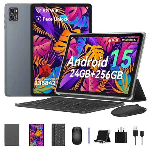 BESTTAB Tablet, 2026 Gaming Tablet 24GB RAM+256GB ROM/2TB, 10 Inch Android 15 Tablets With Keyboard And Pen, Octa-Core, 5G WiFi, 8MP AI Camera, Face ID, Widevine L1, GPS, TÜV Certified, Office